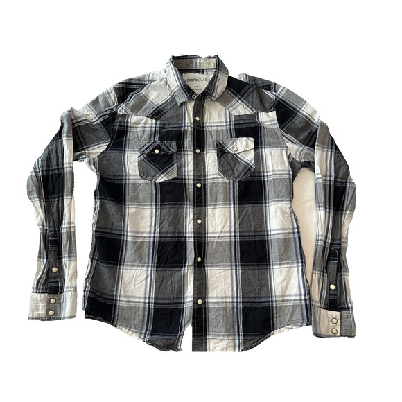 Aeropostale Black/White/Grey Medium Western Plaid Shirt Pearl Snap Long Sleeve - Picture 1 of 12